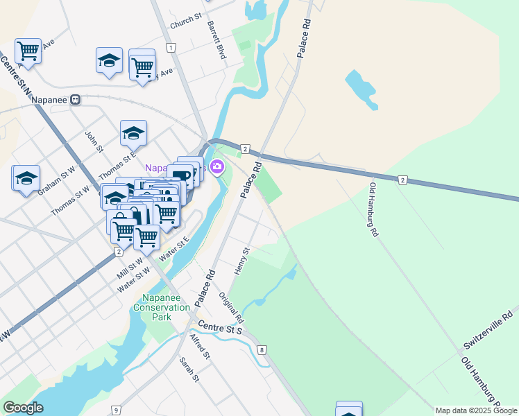 map of restaurants, bars, coffee shops, grocery stores, and more near 93 Henry Street in Napanee