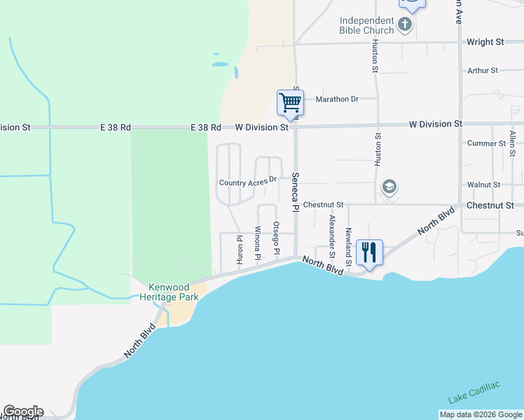 map of restaurants, bars, coffee shops, grocery stores, and more near 220 Winona Place in Cadillac
