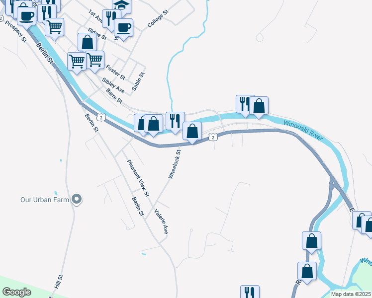 map of restaurants, bars, coffee shops, grocery stores, and more near 10 Wheelock Street in Montpelier