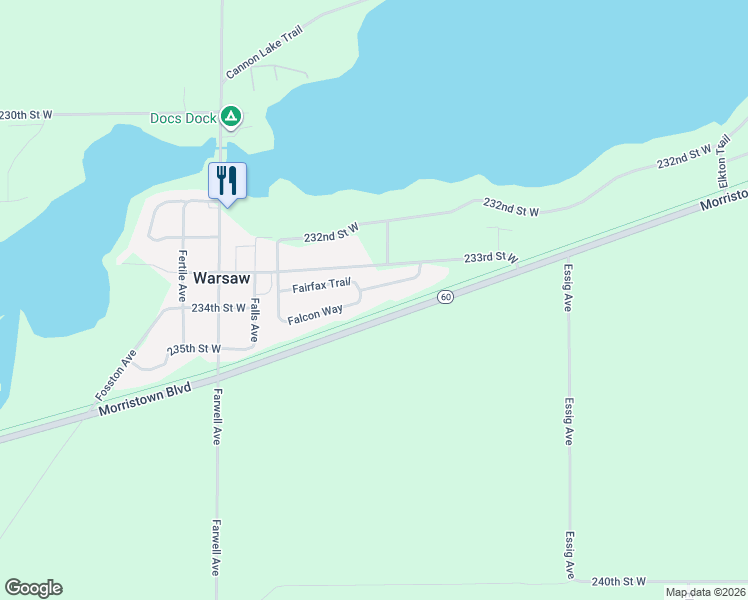 map of restaurants, bars, coffee shops, grocery stores, and more near 6140 Falcon Way in Warsaw