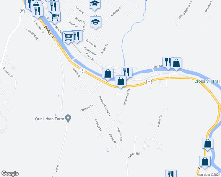 map of restaurants, bars, coffee shops, grocery stores, and more near 65 River Street in Montpelier