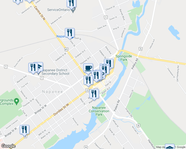 map of restaurants, bars, coffee shops, grocery stores, and more near 23 Market Square in Napanee