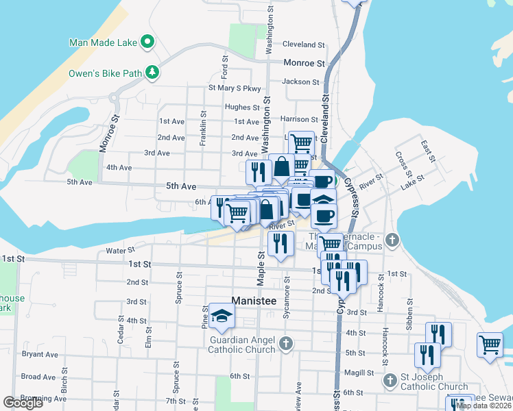 map of restaurants, bars, coffee shops, grocery stores, and more near 80 Washington Street in Manistee