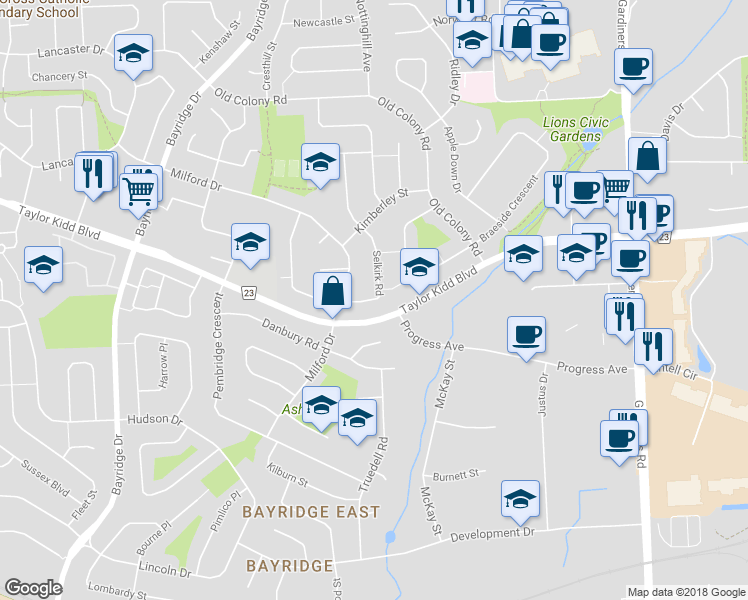 map of restaurants, bars, coffee shops, grocery stores, and more near 728 Selkirk Road in Kingston