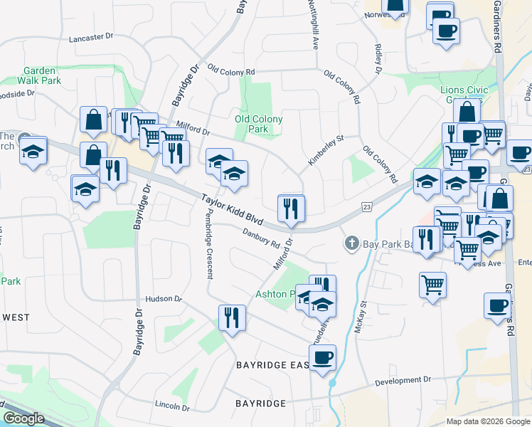 map of restaurants, bars, coffee shops, grocery stores, and more near 743 Grouse Crescent in Kingston