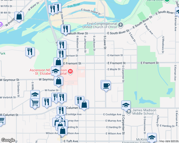 map of restaurants, bars, coffee shops, grocery stores, and more near 1514 South Jefferson Street in Appleton