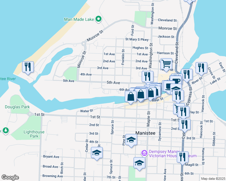 map of restaurants, bars, coffee shops, grocery stores, and more near 275 6th Avenue in Manistee
