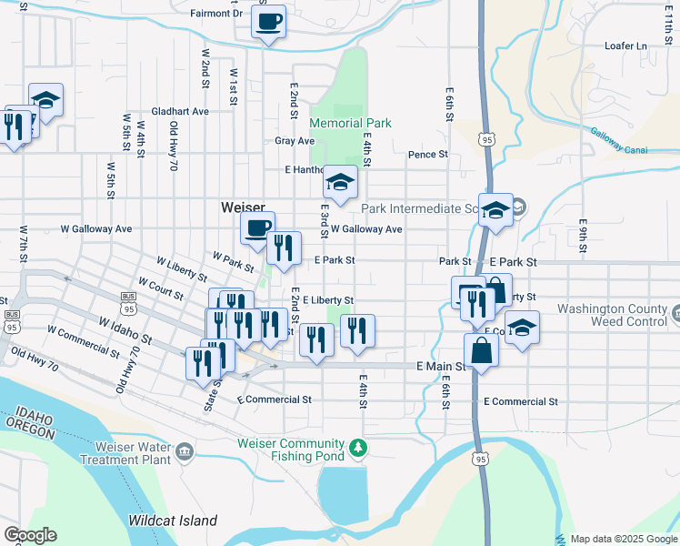 map of restaurants, bars, coffee shops, grocery stores, and more near 604 East 3rd Street in Weiser