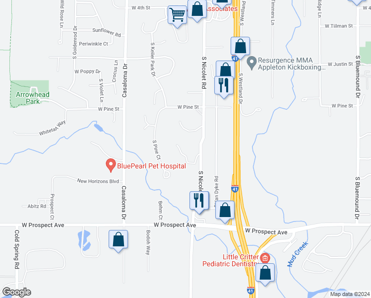map of restaurants, bars, coffee shops, grocery stores, and more near 1401 South Nicolet Road in Appleton