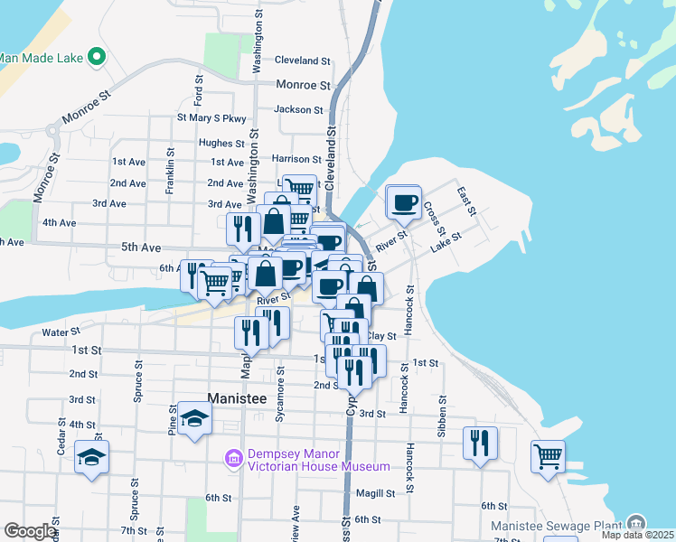 map of restaurants, bars, coffee shops, grocery stores, and more near 305 River Street in Manistee