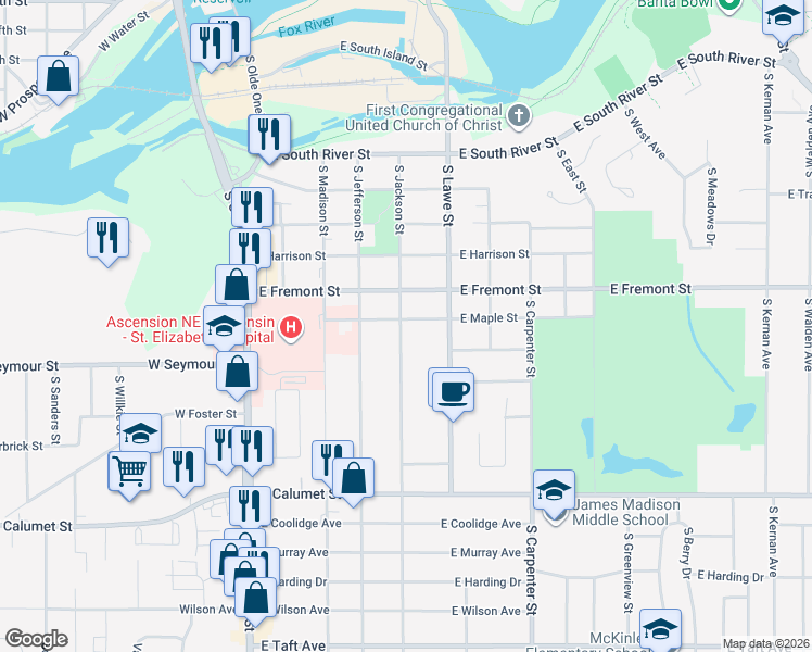 map of restaurants, bars, coffee shops, grocery stores, and more near 1518 South Jackson Street in Appleton