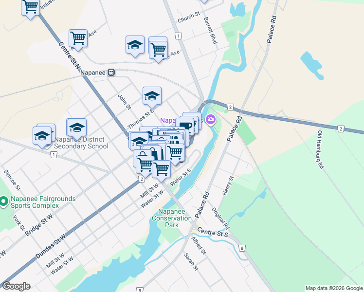 map of restaurants, bars, coffee shops, grocery stores, and more near 37 Dundas Street East in Napanee