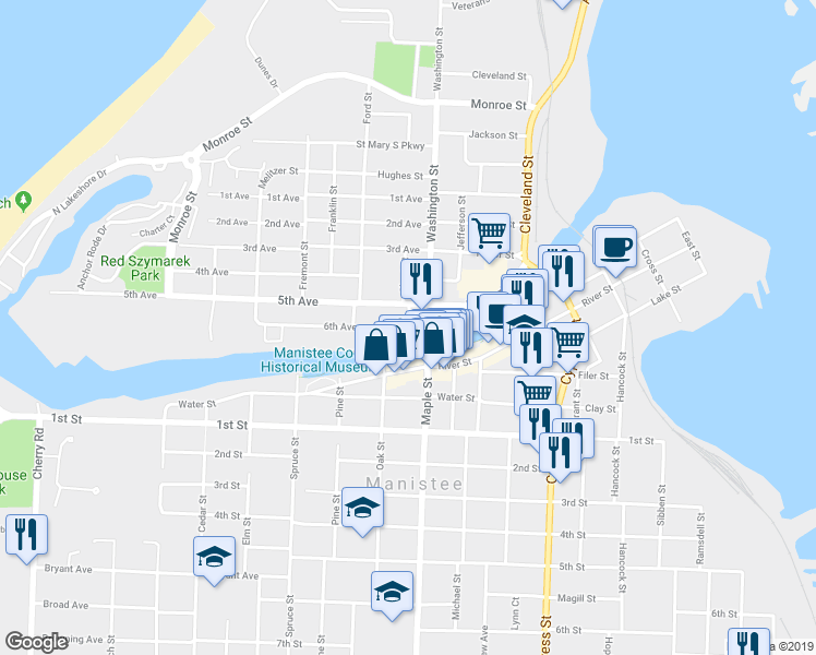 map of restaurants, bars, coffee shops, grocery stores, and more near 107 Short Street in Manistee