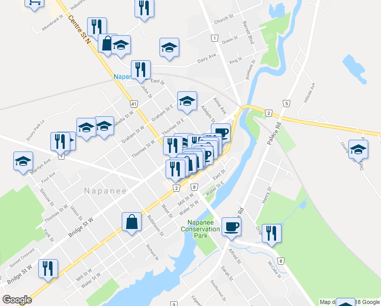 map of restaurants, bars, coffee shops, grocery stores, and more near 122 John Street in Napanee