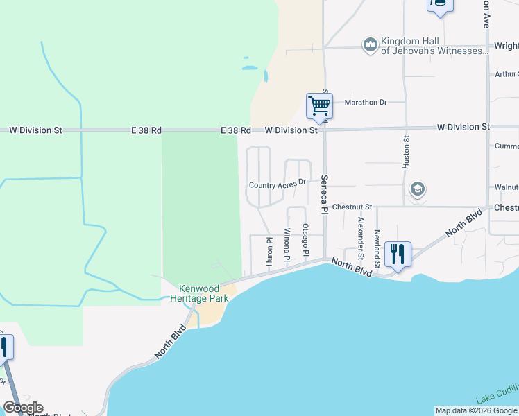 map of restaurants, bars, coffee shops, grocery stores, and more near 300 Kristy Jo Street in Cadillac