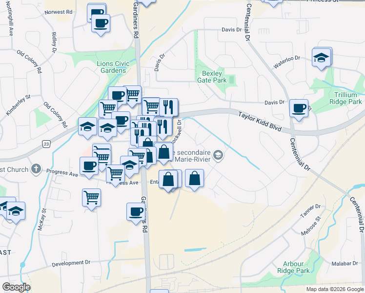 map of restaurants, bars, coffee shops, grocery stores, and more near 700 Gardiners Road in Kingston