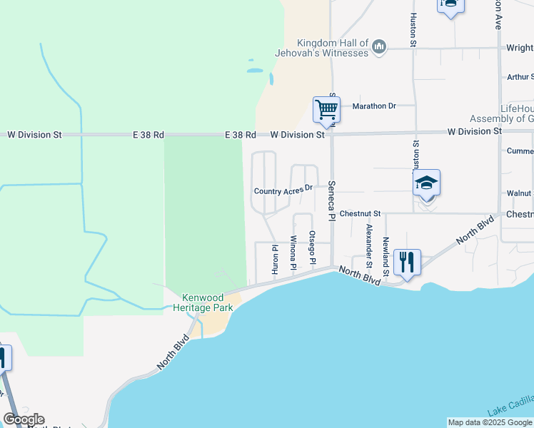 map of restaurants, bars, coffee shops, grocery stores, and more near 300 Kristy Jo Street in Cadillac