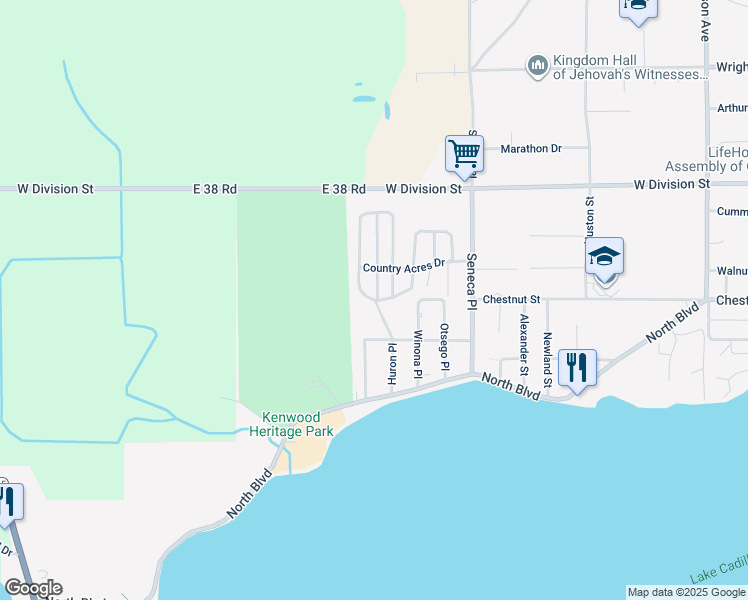 map of restaurants, bars, coffee shops, grocery stores, and more near 307 Elmrest Street in Cadillac
