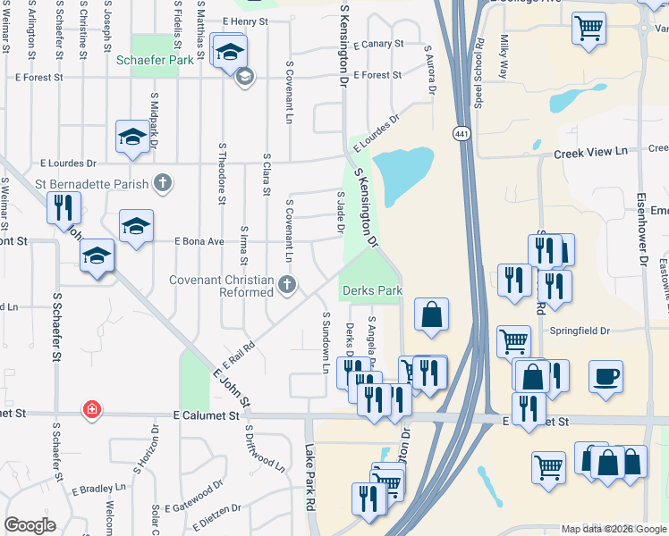 map of restaurants, bars, coffee shops, grocery stores, and more near 3111 East Rail Road in Appleton