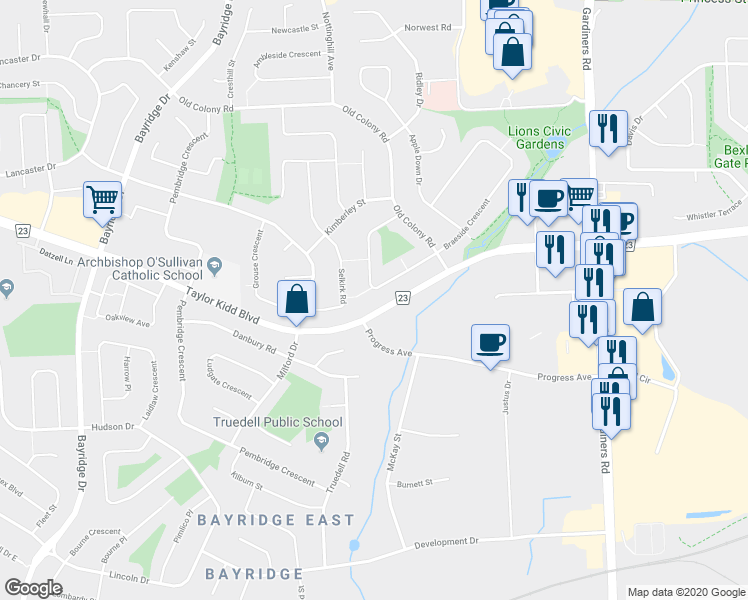 map of restaurants, bars, coffee shops, grocery stores, and more near 769 Somerset Crescent in Kingston