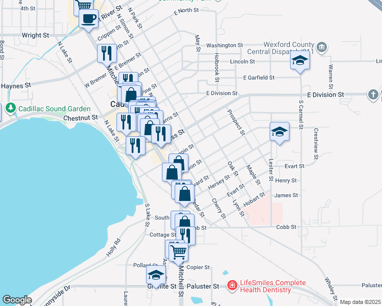 map of restaurants, bars, coffee shops, grocery stores, and more near 201-299 Stimson Street in Cadillac