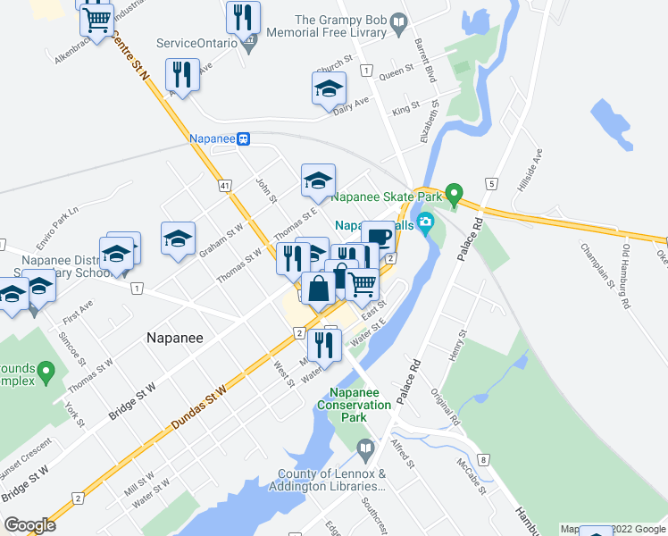 map of restaurants, bars, coffee shops, grocery stores, and more near 131 John Street in Napanee
