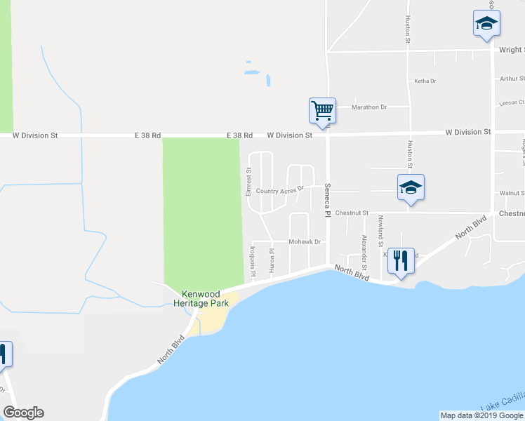 map of restaurants, bars, coffee shops, grocery stores, and more near 302 Elmrest Street in Cadillac