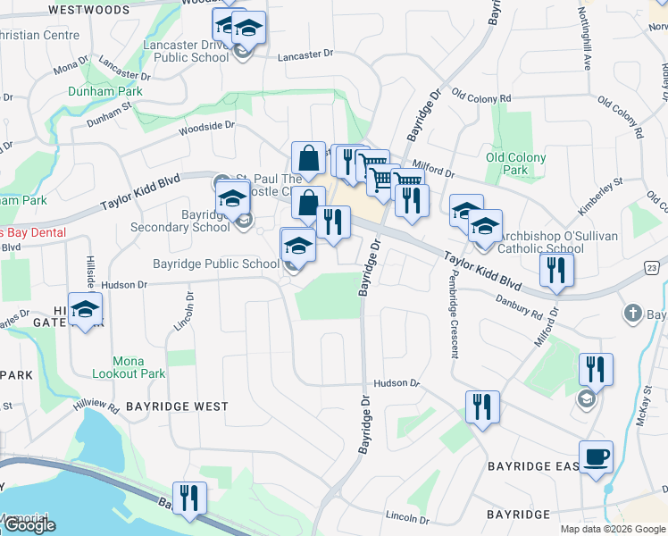 map of restaurants, bars, coffee shops, grocery stores, and more near 1054 Craig Lane in Kingston