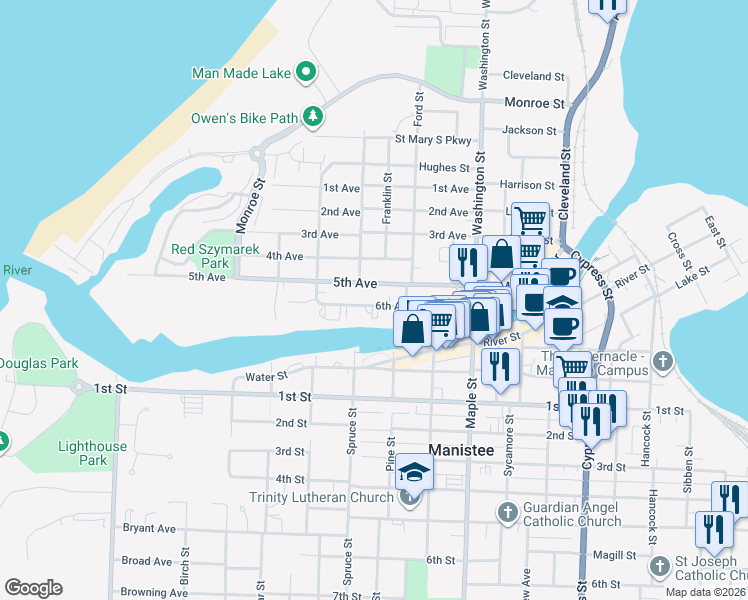 map of restaurants, bars, coffee shops, grocery stores, and more near 261 6th Avenue in Manistee