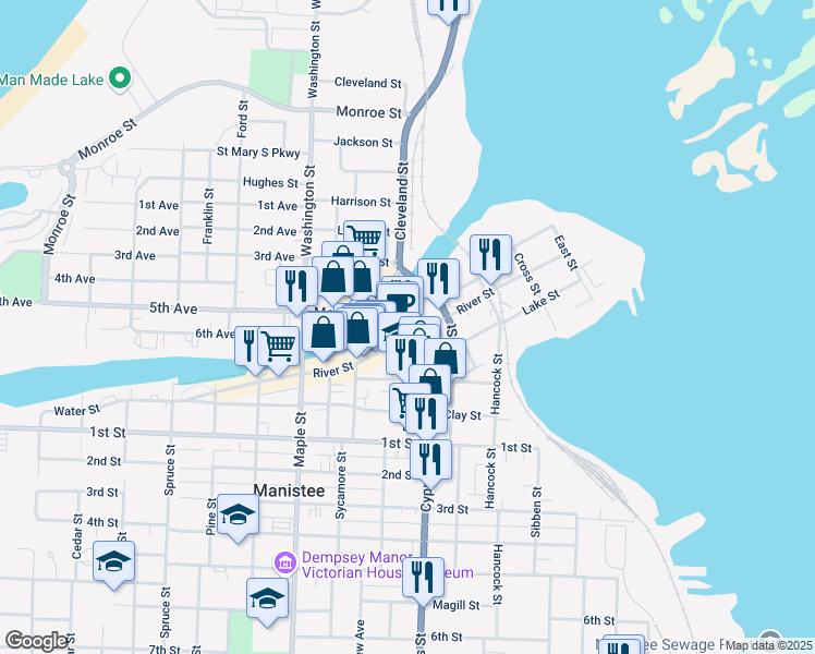 map of restaurants, bars, coffee shops, grocery stores, and more near 305 River Street in Manistee