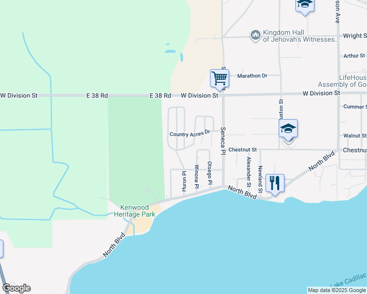 map of restaurants, bars, coffee shops, grocery stores, and more near 300 Kristy Jo Street in Cadillac