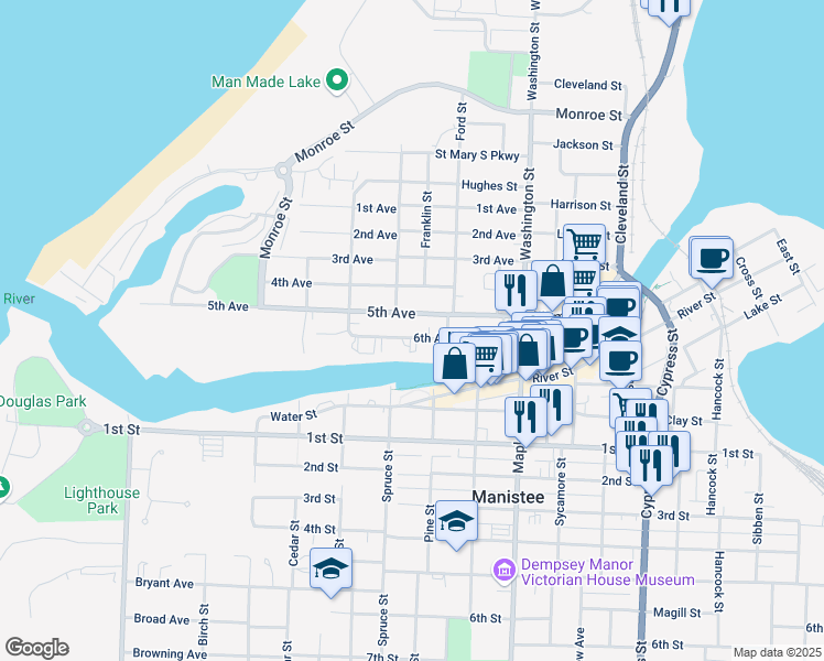map of restaurants, bars, coffee shops, grocery stores, and more near 261 6th Avenue in Manistee