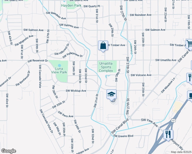 map of restaurants, bars, coffee shops, grocery stores, and more near 2943 Southwest 31st Street in Redmond