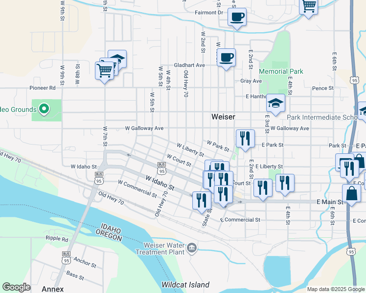 map of restaurants, bars, coffee shops, grocery stores, and more near 308 West Liberty Street in Weiser