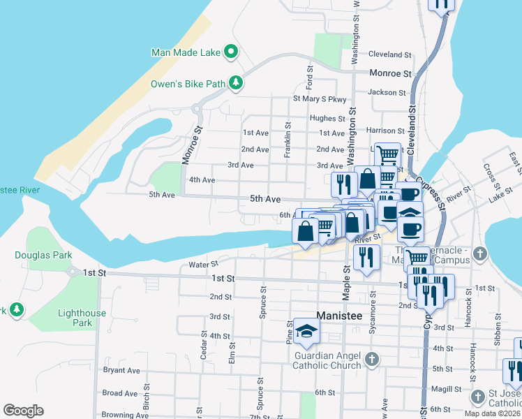 map of restaurants, bars, coffee shops, grocery stores, and more near 290 North Water Street in Manistee