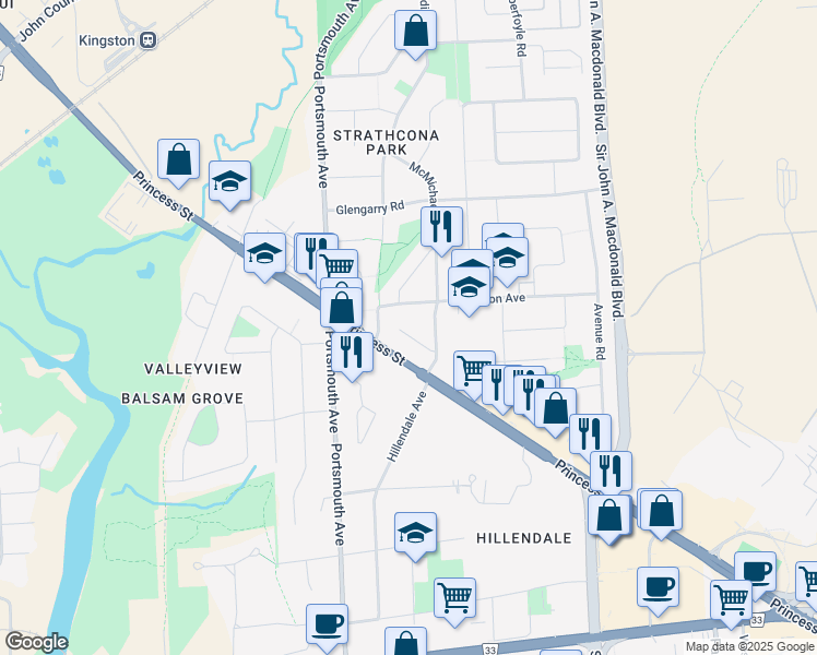 map of restaurants, bars, coffee shops, grocery stores, and more near 23 Alexander Street in Kingston