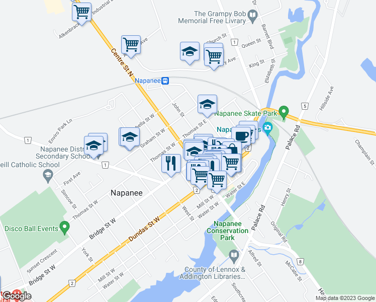 map of restaurants, bars, coffee shops, grocery stores, and more near Centre Street North in Napanee