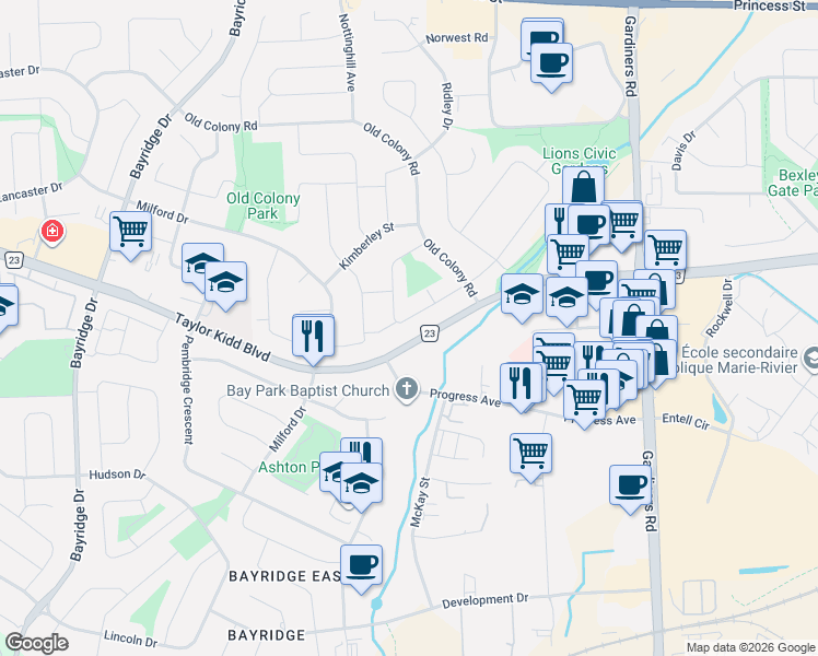 map of restaurants, bars, coffee shops, grocery stores, and more near 759 Somerset Crescent in Kingston