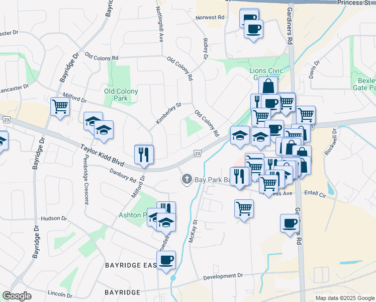 map of restaurants, bars, coffee shops, grocery stores, and more near 759 Somerset Crescent in Kingston
