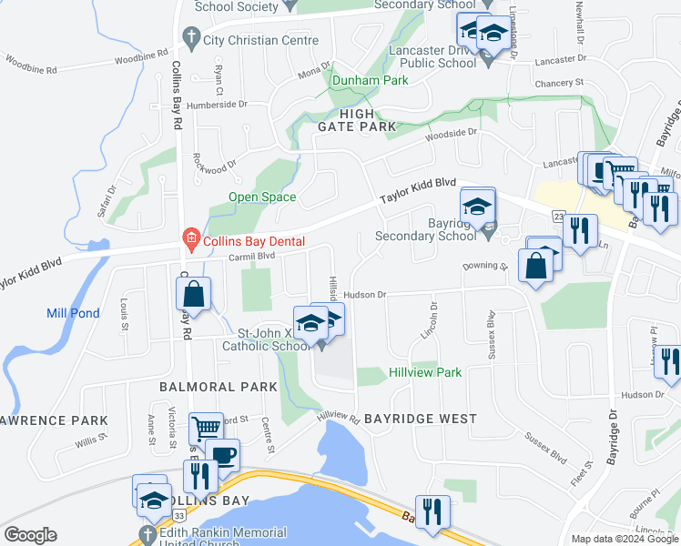 map of restaurants, bars, coffee shops, grocery stores, and more near in Kingston