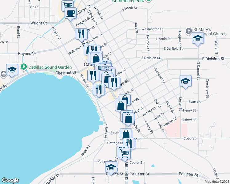 map of restaurants, bars, coffee shops, grocery stores, and more near 214-298 S Mitchell St in Cadillac