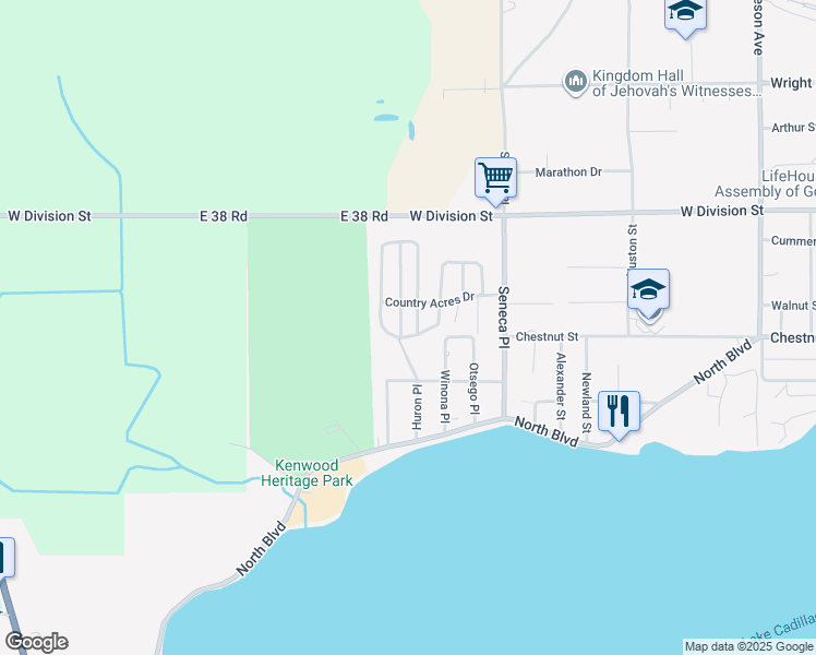 map of restaurants, bars, coffee shops, grocery stores, and more near 300 Kristy Jo Street in Cadillac