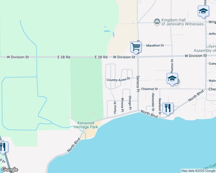 map of restaurants, bars, coffee shops, grocery stores, and more near 307-399 Elmrest Street in Cadillac