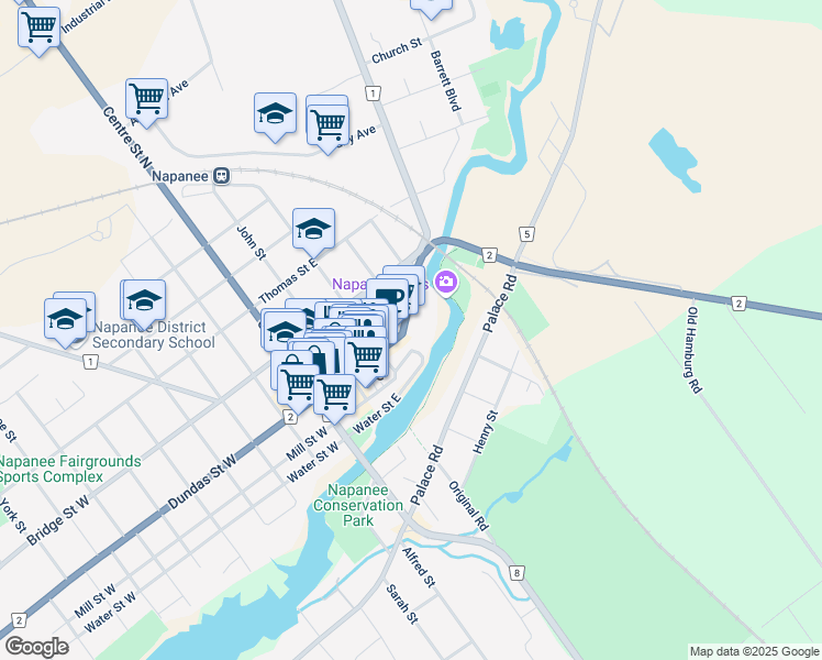 map of restaurants, bars, coffee shops, grocery stores, and more near 88 Dundas Street East in Napanee
