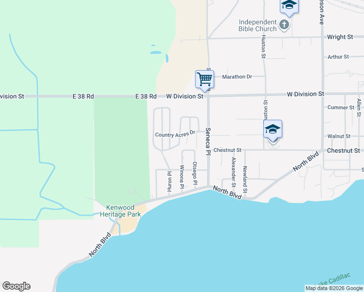 map of restaurants, bars, coffee shops, grocery stores, and more near 220 Winona Place in Cadillac