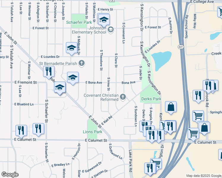 map of restaurants, bars, coffee shops, grocery stores, and more near 1517 South Irma Street in Appleton