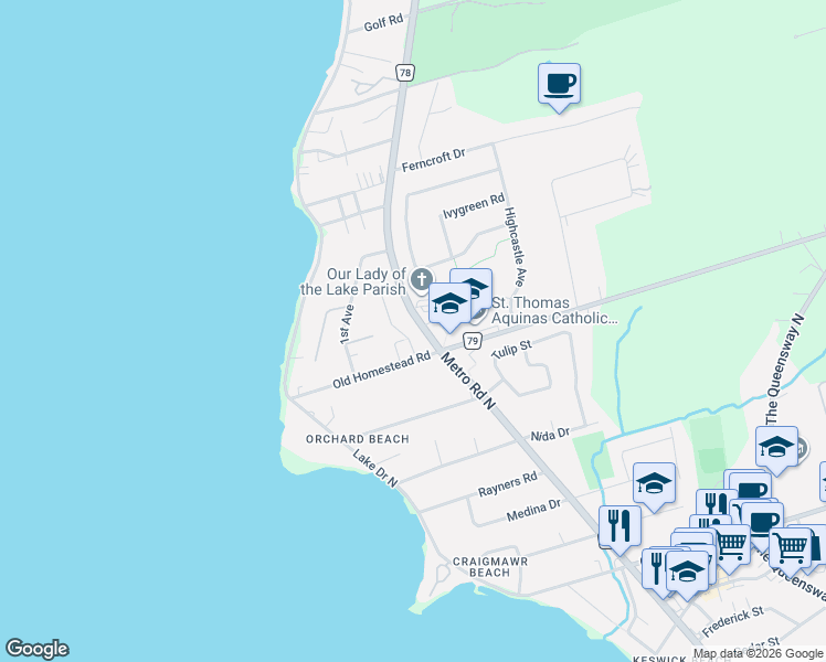 map of restaurants, bars, coffee shops, grocery stores, and more near 25 Hattie Court in Georgina
