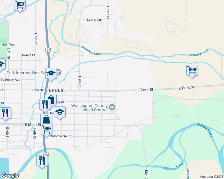 map of restaurants, bars, coffee shops, grocery stores, and more near 1180 East Park Street in Weiser