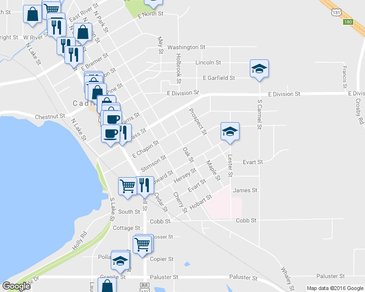 map of restaurants, bars, coffee shops, grocery stores, and more near 398 Stimson St in Cadillac