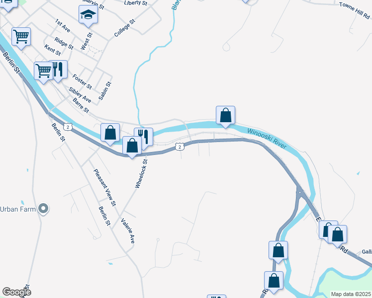 map of restaurants, bars, coffee shops, grocery stores, and more near 178 River Street in Montpelier